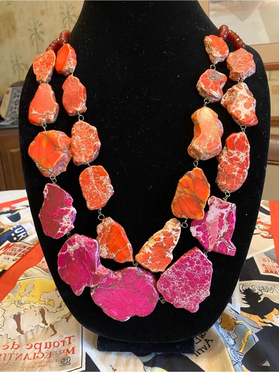 Unbranding hand crafted Jewelry - RED/ORANGE AND PINK SEA SEDIMENT  JASPER STATEMENT NECKLACE